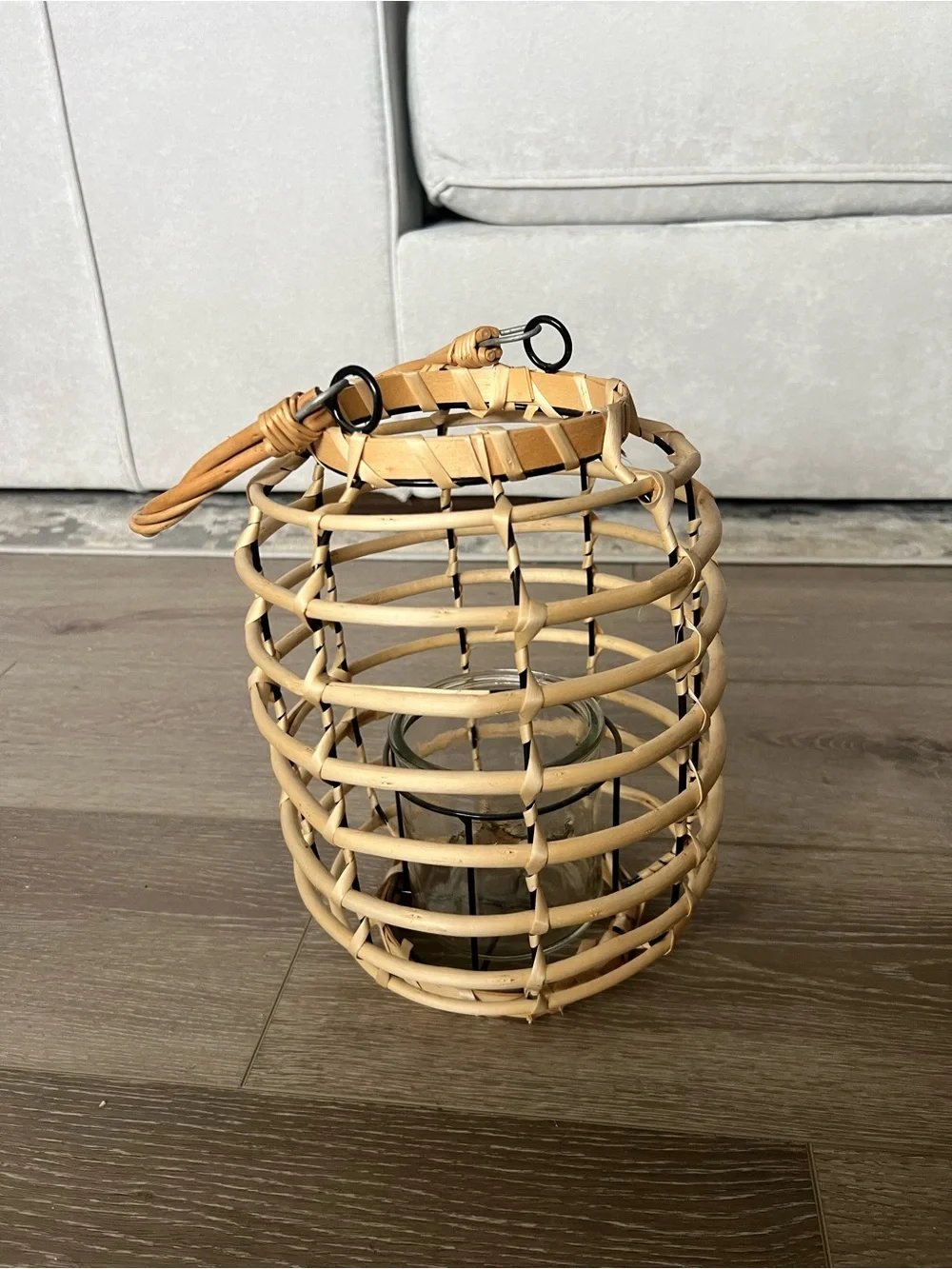 Woven Rattan Lantern Candle Holder Birdcage Brown Handle Glass Insert